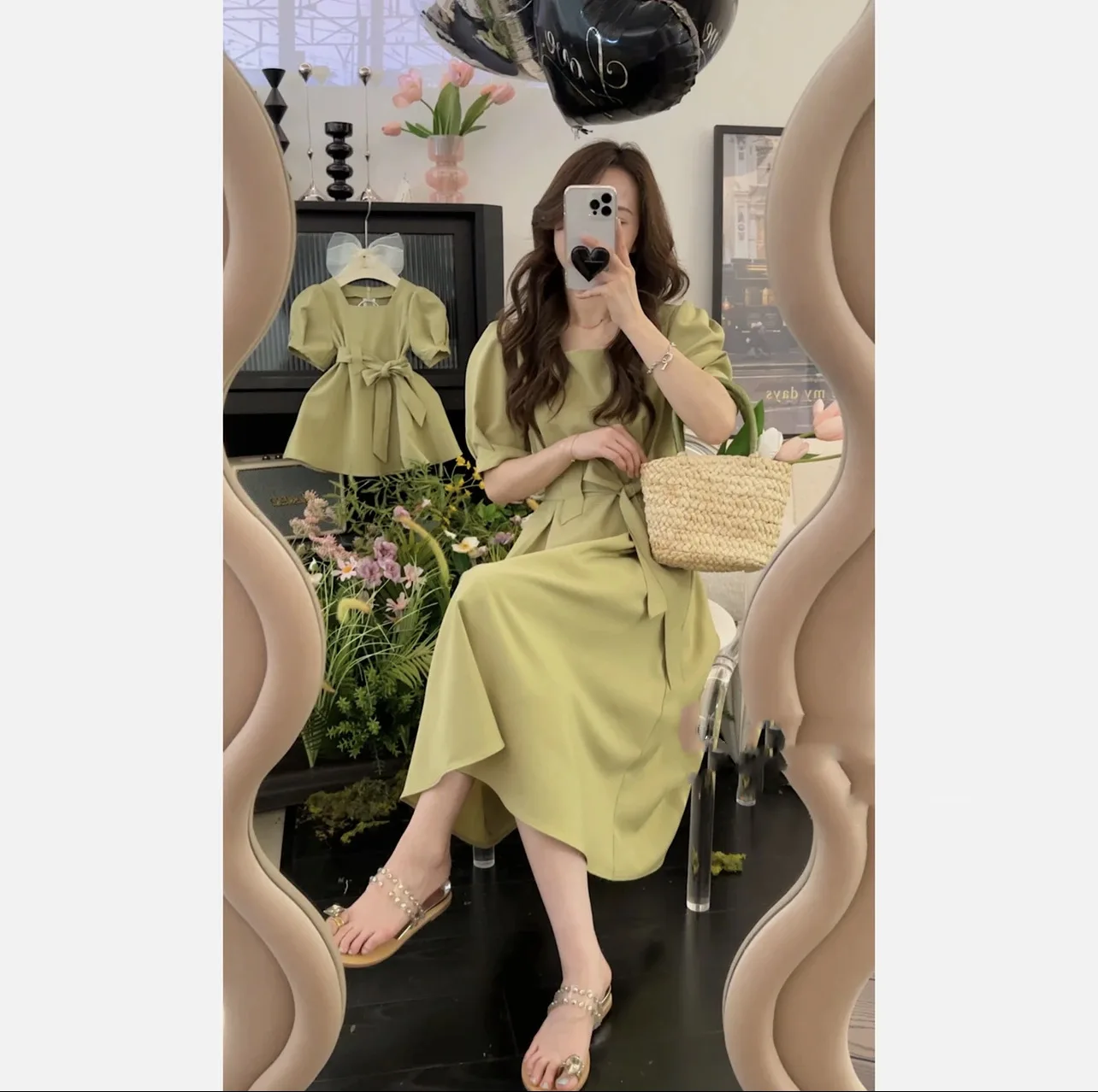 

Mommy Daughter Matching Boutique Dresses Mommy and Me Green Short Sleeve Dress Parent Child Elegant Clothing Baby Girls Frock