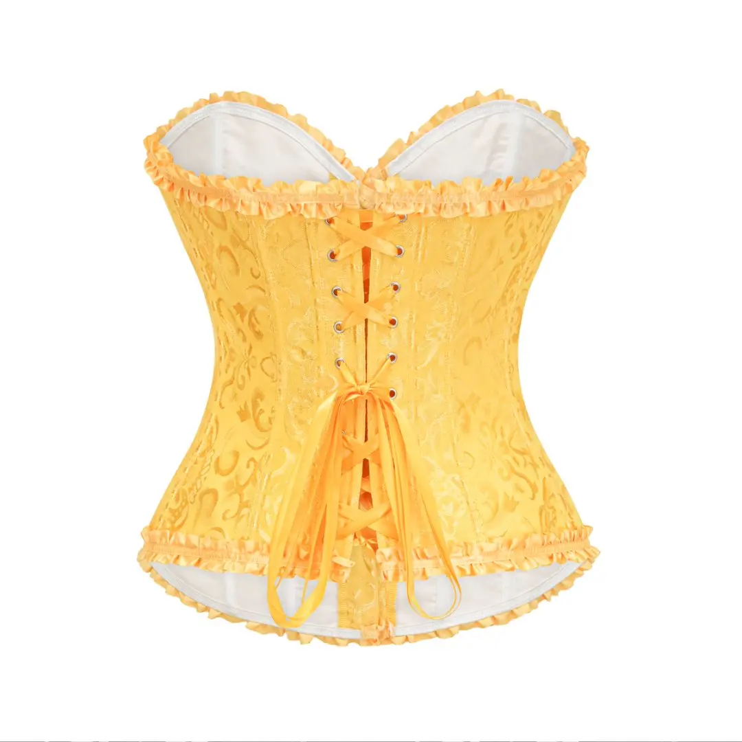 Gelbes Dobby-Schnürkorsett mit Rüschenbesatz, Überbrustkorsett im viktorianischen Gothic-Stil, ohne Knochen, sexy Bustier-Top für Damen, Vintage-Corsage-Korsett – Detail 16
