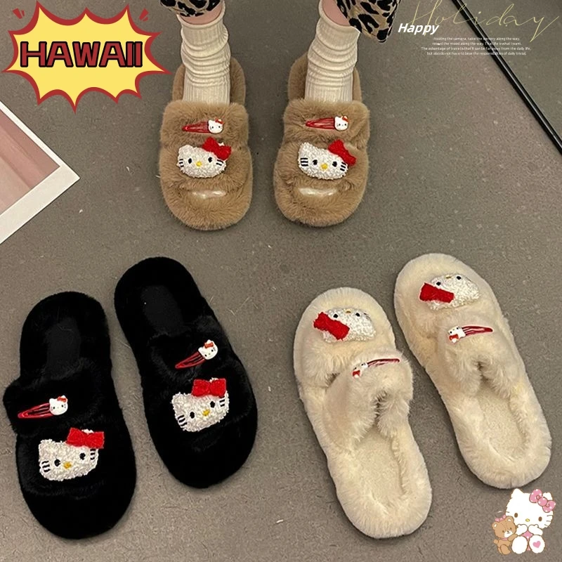 

Black Skin Hello Kitty Anime Non Slip Plush Slippers Cartoon Autumn Winter Warm Flat Shoes Kawaii Soft Sole Slippers Cute Gifts