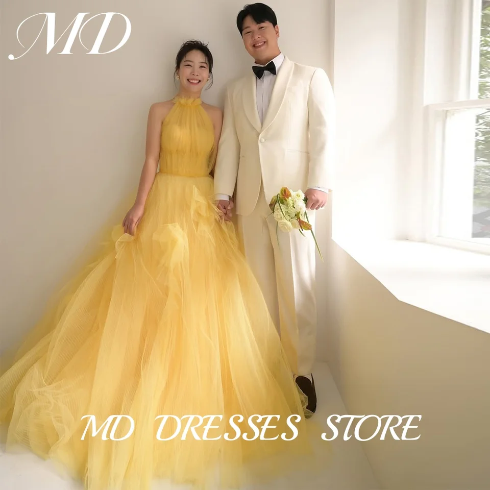 MD Fairy Yellow Tulle Halter Wedding Party Dress Korea Photoshoot Floor  Length Birthday Party Dress Customised 2025 Evening Gown - AliExpress 320