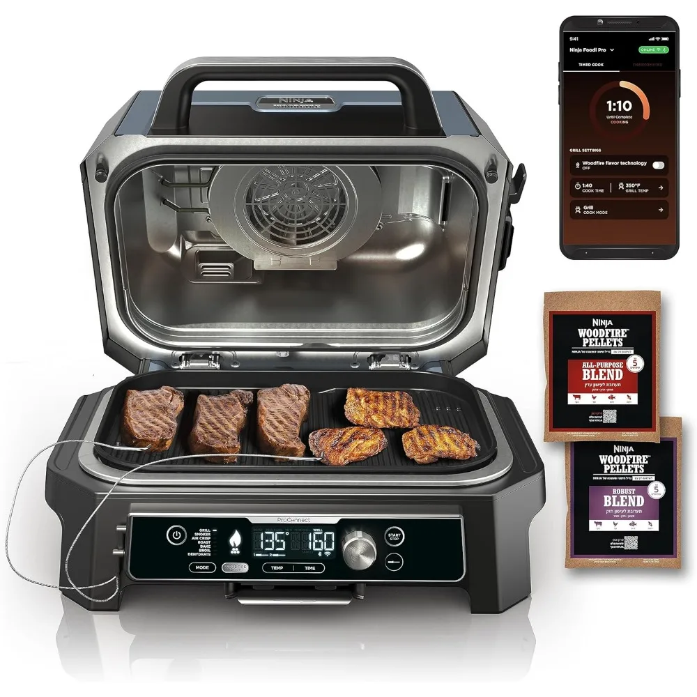 

New-Ninja OG951 Woodfire Pro Connect Premium XL гриль для улицы и коптильня, Bluetooth, с поддержкой приложения, мастер гриль 7 в 1, черный