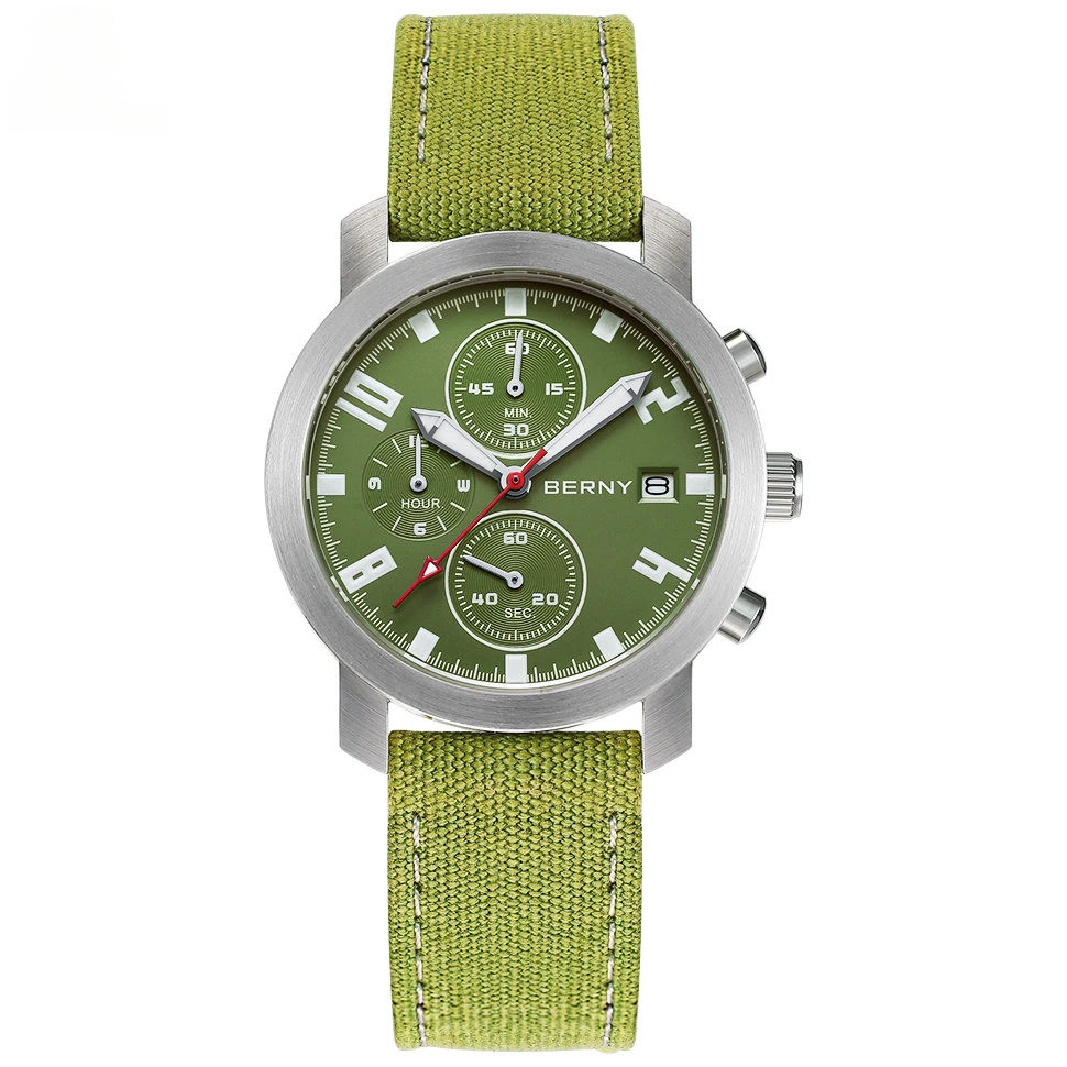Berny Men's Canvas Watch Green Luminous Multifunction Chronograph Wristwatch Sapphire Japan Miyota OS10 Movement 5ATM Waterproof