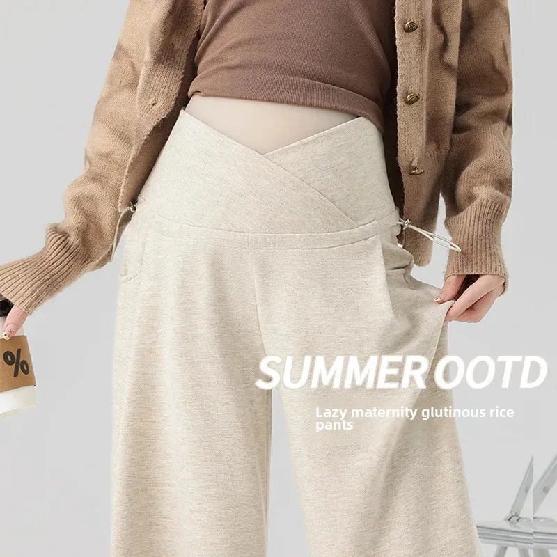 Korean Style Pregnancy Pants Soft Slim Fit Bell Bottoms Low Waist Side Drawstring Support Belly Pants For Expecting Mothers maternity pants