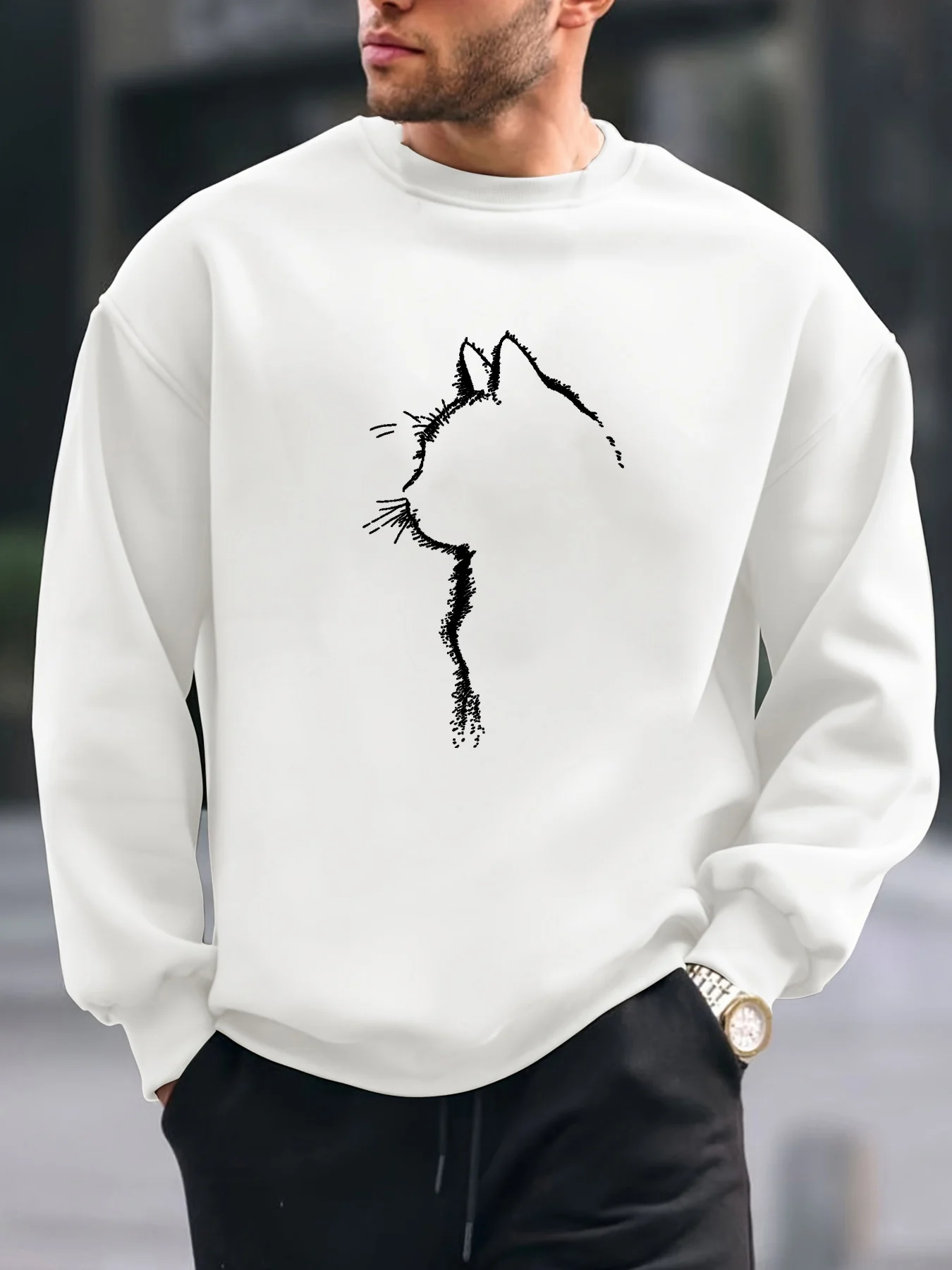 Men's autumn and winter fashionable casual loose cat graphic printed long sleeved round neck sweatshirt