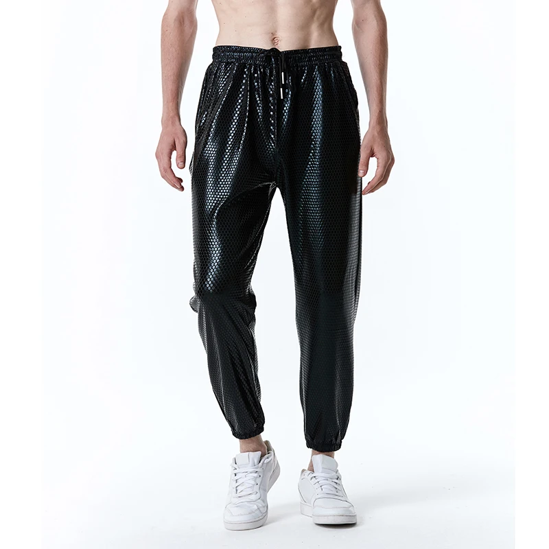 Description Picture 3 of itemIdopy Men`s Party Metallic Shiny Night Club Stage Performance Drawstring Pants Halloween Disco Party Trousers