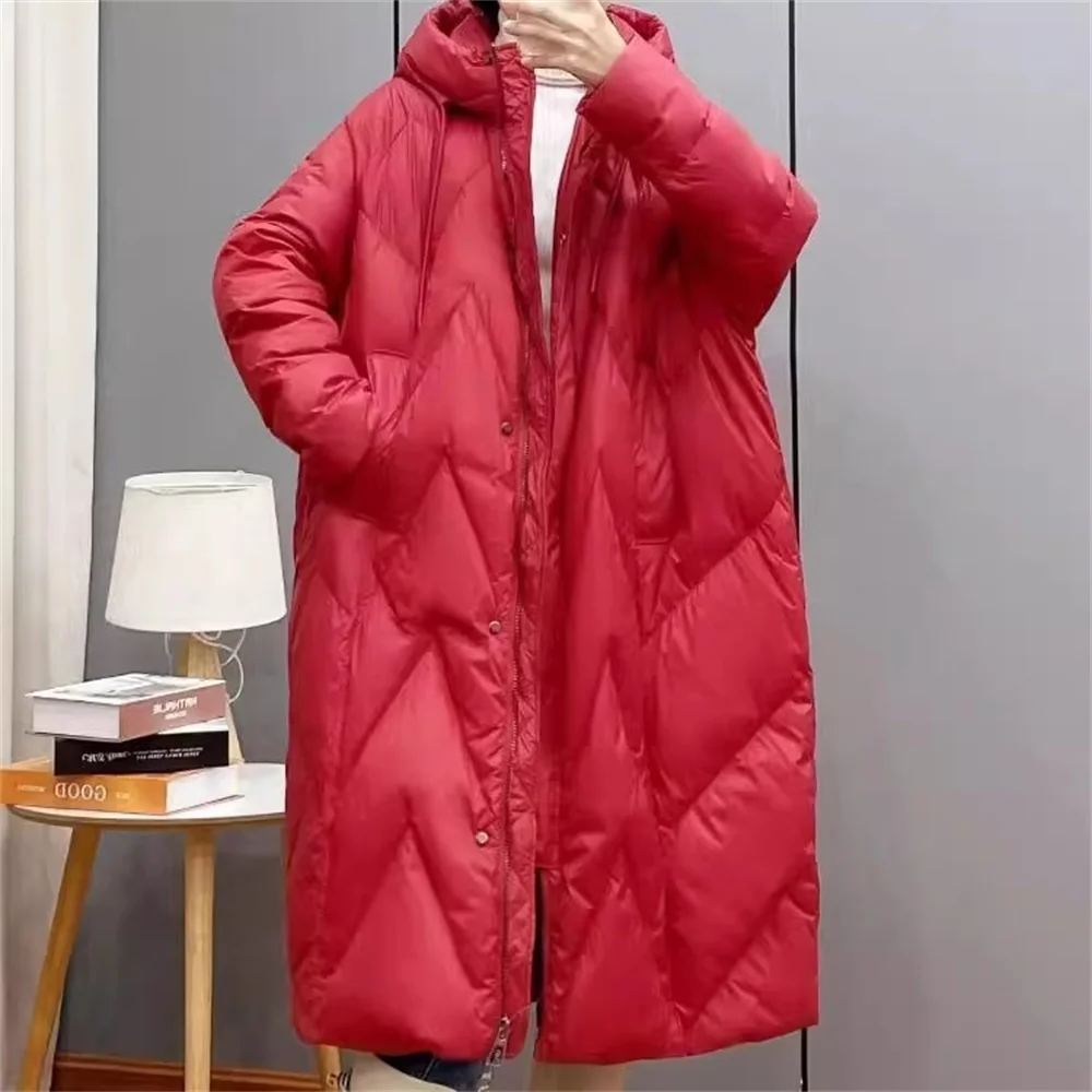 Retro Commuting Loose And Thick Down Cotton jacket for women, New Over The Knee long Plus Size Hooded Parka Winter Outwear Red