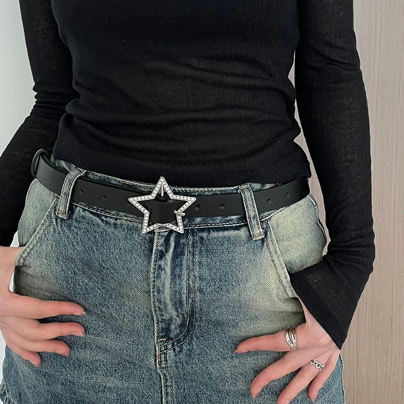Y2K Belts for Women Spice Girls Pink Black White Belt Denim Star PU Leather Rhinestones Belt Ins Sweet Cool Corset Jeans Belts