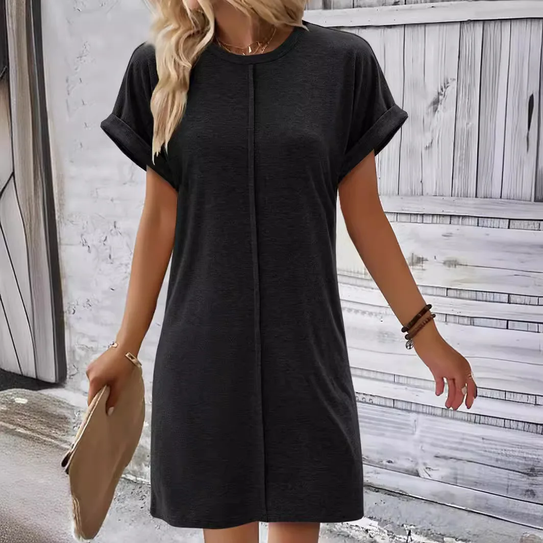Women Solid Color Short Sleeve Mini Dress Summer Fashion