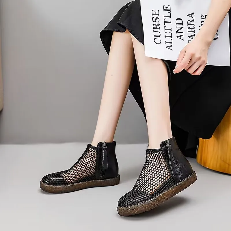 

Женские летние дышащие босоножки из натуральной мягкой кожи на плоской подошве, корейский стиль, туфли с отверстиями, сетчатые босоножки мартинсы, 2023