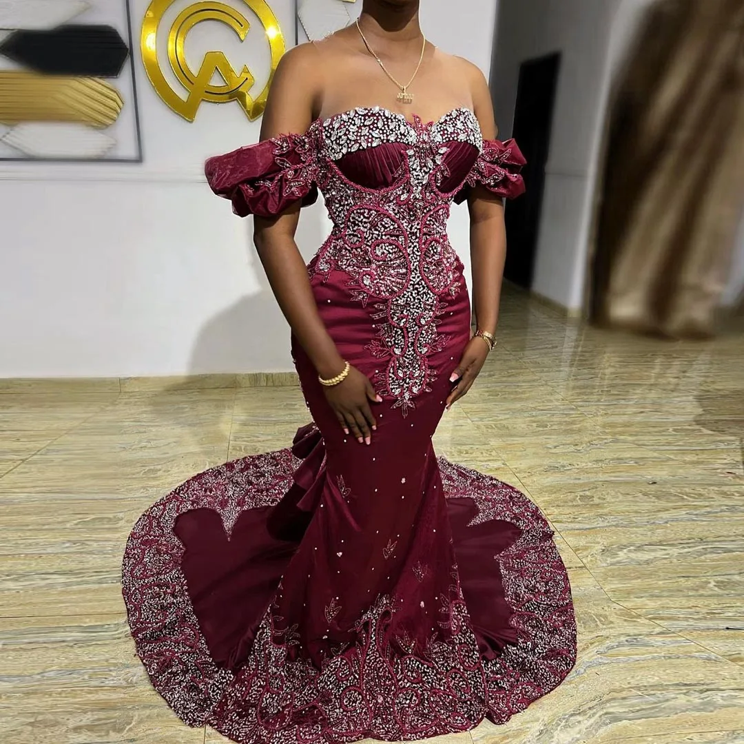 Trendy Burgundy Strap Lace Appliques Mermaid Evening Gown SREAL223 main image 0