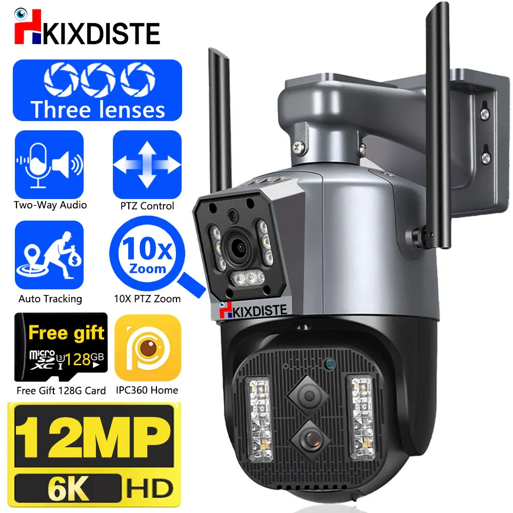 12MP 6K 10X Optical Zoom Camera Outdoor WiFi PTZ Three Len Dual Screen Auto Tracking Color Night Vision Wireles Security CCTV 4K 8mp ptz 4k ip camera 20x optical zoom color night poe imx415 security cctv surveillance camera hikvision agreement