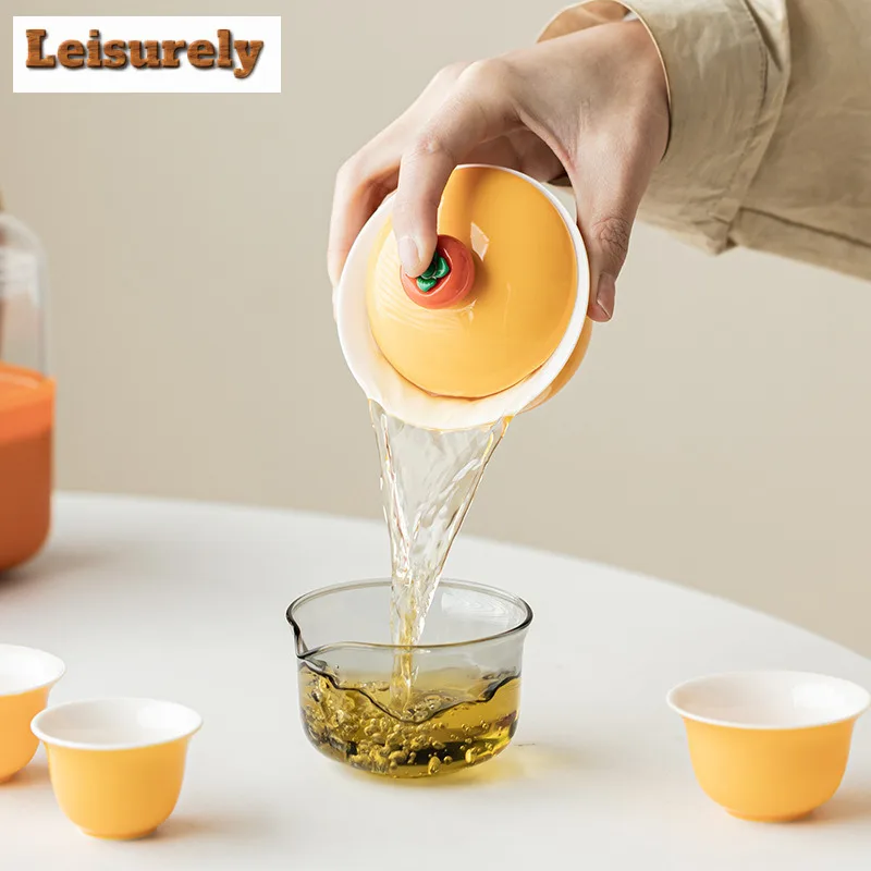 Creative Persimmon Travel Tea Set Kit Boutique 1 Pot 3 Cups Tea Making Organizer Portable Outdoor Stock Bags Supplies Decoration