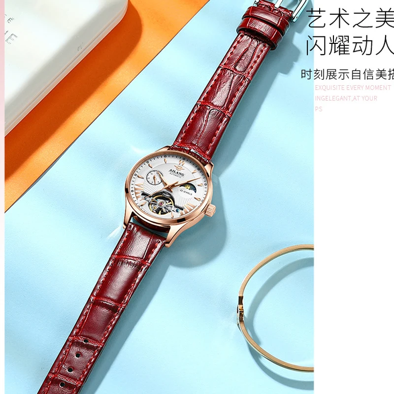 Tourbillon Automatic Watch for Women Luxury Womens Mechanical Watches Ladies Rose Gold Relogios Mecanicos Auto Sun Moon Clock