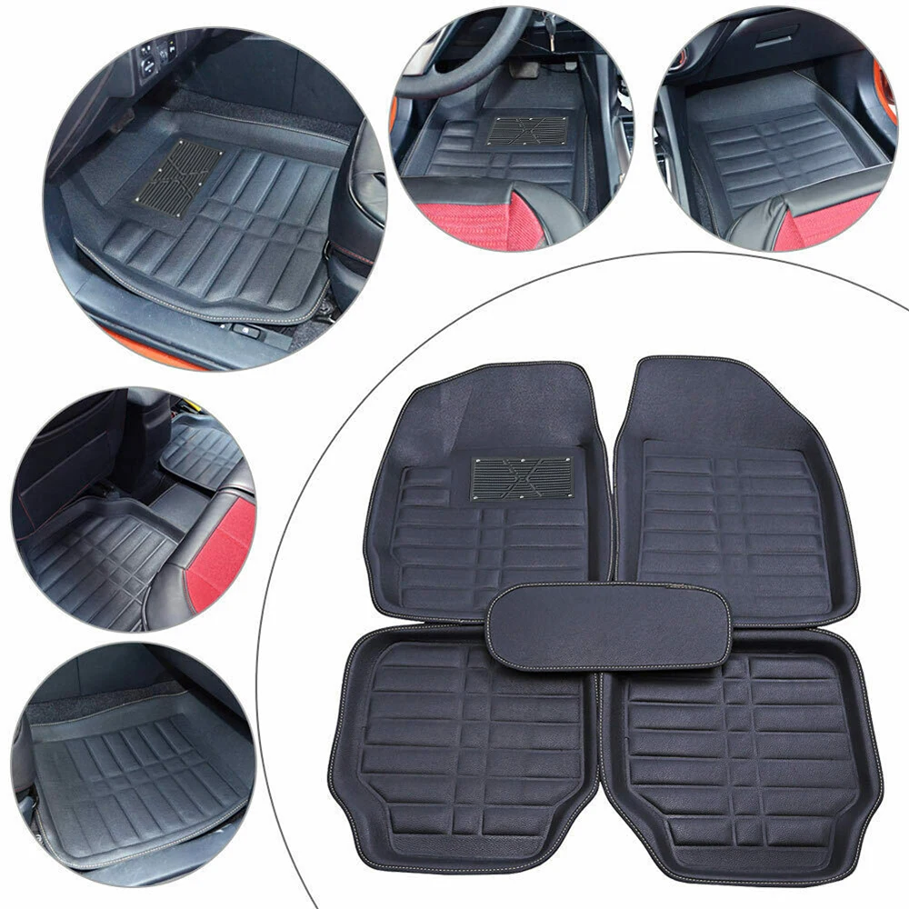 5pcs Black Leather Universal Auto Car Floor Mats Front Rear Liner