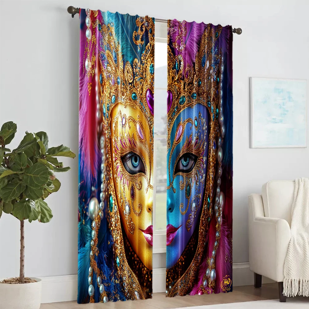 2 pcs, versatile polyester transparent curtains for home decoration Venice Carnival Mask for use in bedrooms and living rooms 2