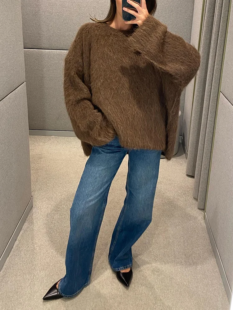 Sae9b9d29334a451f9c7ac760a727340ao Women's Solid Thick O-Neck Mohair Sweaters Oversized Cashmere Long Sleeve Warm Pullover Winter Elegant Lady Street Jumpers Mallzona