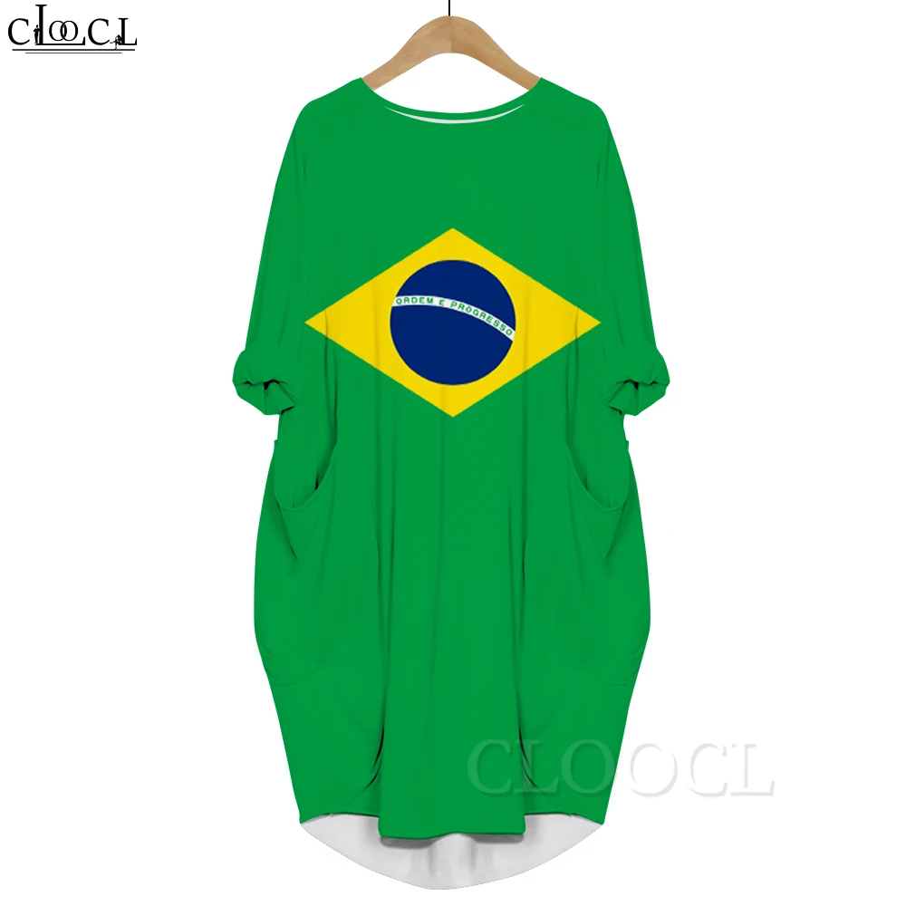 

CLOOCL Dresses Fashion Streetwear Loose Fitting Long Sleeve Round Neck Pullover Vestido Brazilian Flag 3D Printing Mid Dress