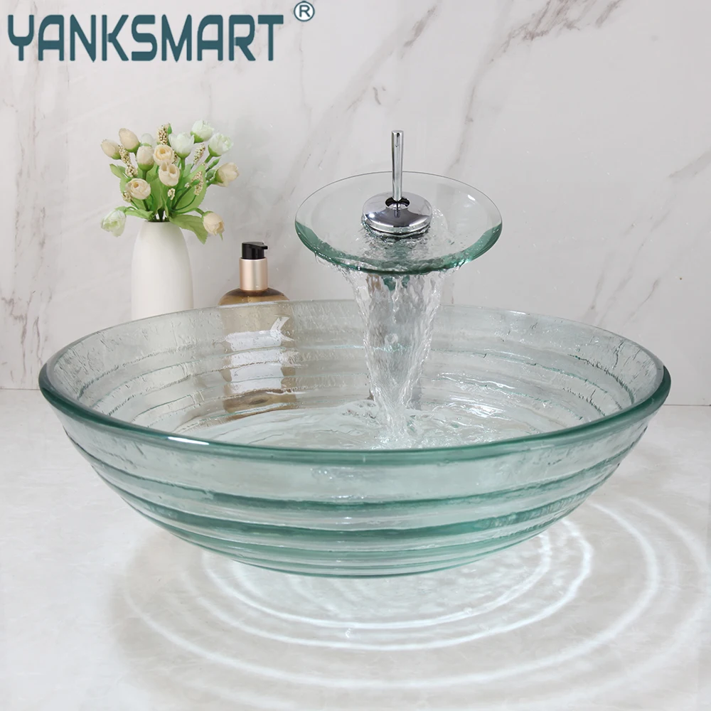 

YANKSMART Transparent Tempered Glass Round Bathroom Basin Faucet Set Washbasin Sink With Waterfall Faucets Mixer Vessel Sinks