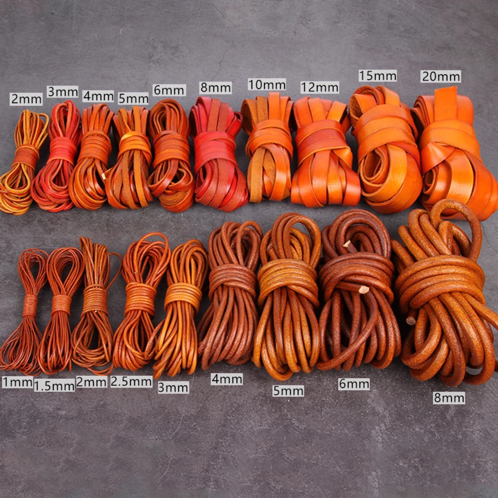 

2meter 1/2/3/4/5/6/8mm Retro Yellow Coffee Cow Leather Strap Findings Flat/Round Leather Cord String Rope DIY Bracelet Making