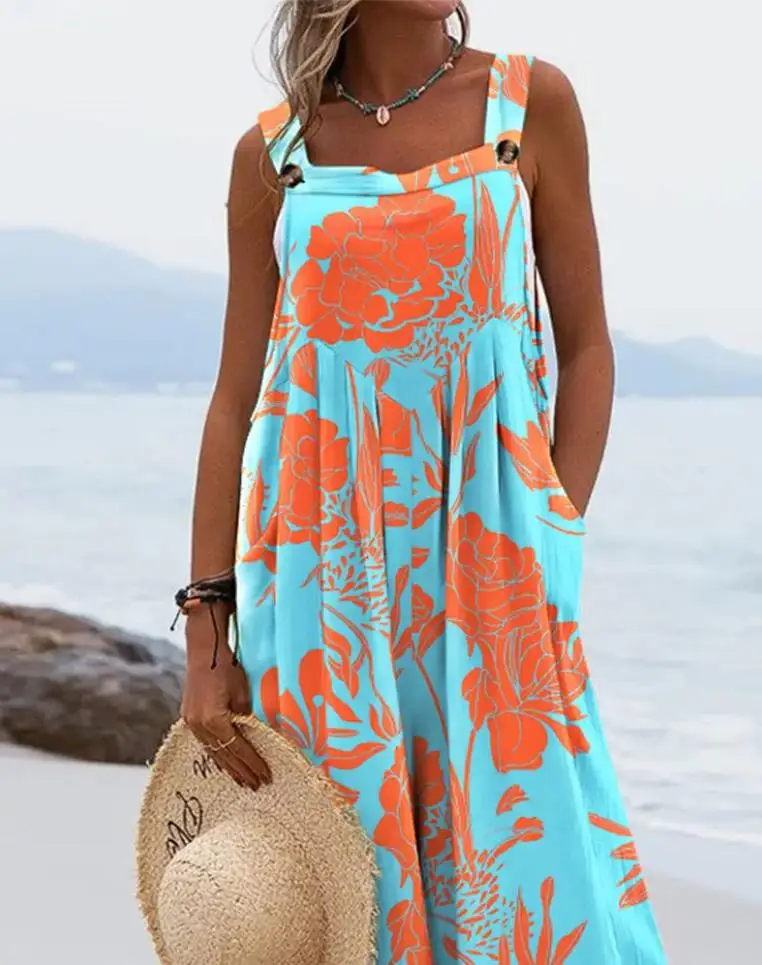 2024 New Summer Jumpsuits One Piece for Women Casual Button Pocket Design Square Neck Plants Print Wide Leg Suspender Jumpsuit