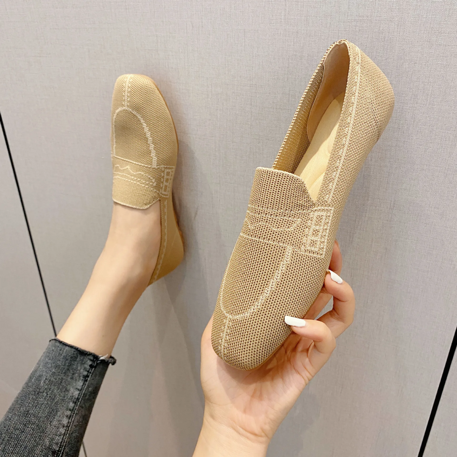 Loafers Office Flats Women Casual Shoes Mesh Breathable Square Toe Comfort Stretch Fabric Knit Ballet Slip Size 35-40 4