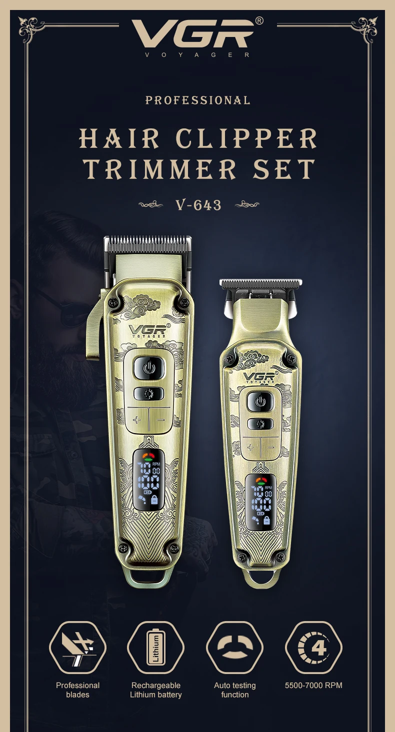 VGR V-643 High-End Men's Hair Clipper with Retro Metal Body, Professional Hair Trimmer with LCD Digital Display and Push Shear