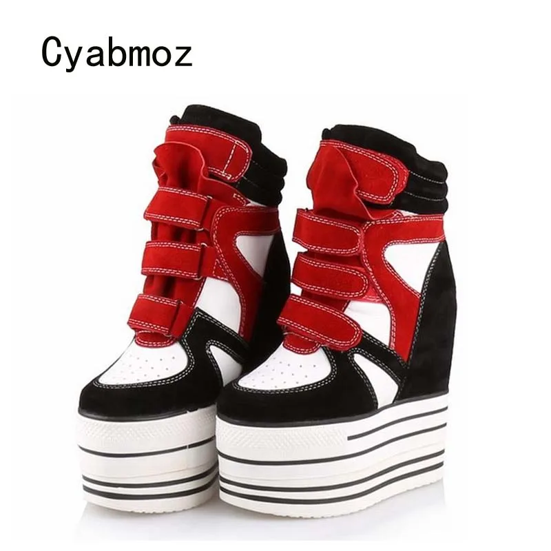 Cyabmoz Pattini Delle Donne del Cuoio Genuino Tacchi Alti Superiore Cuneo Piattaforma scarpe Altezza Crescente Colori Misti Scarpe Delle Signore Zapatos Mujer