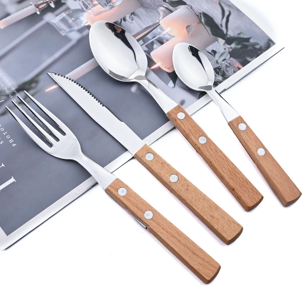24Pcs Cutlery Wooden Handle Cutlery Set Stainless Steel Tableware Knife Fork Tea Spoon Silverware Western Flatware cutlery set western style cutlery set stainless steel cutlery set wooden cutlery set