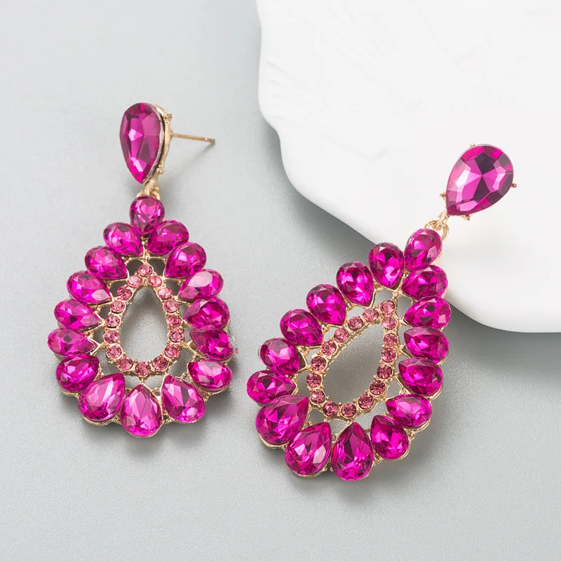Big Waterdrop Statement Shiny Fuchsia Crystals Zircons Long Drop Women Earrings Fashion Dangle Earrings Jewelry For Wedding