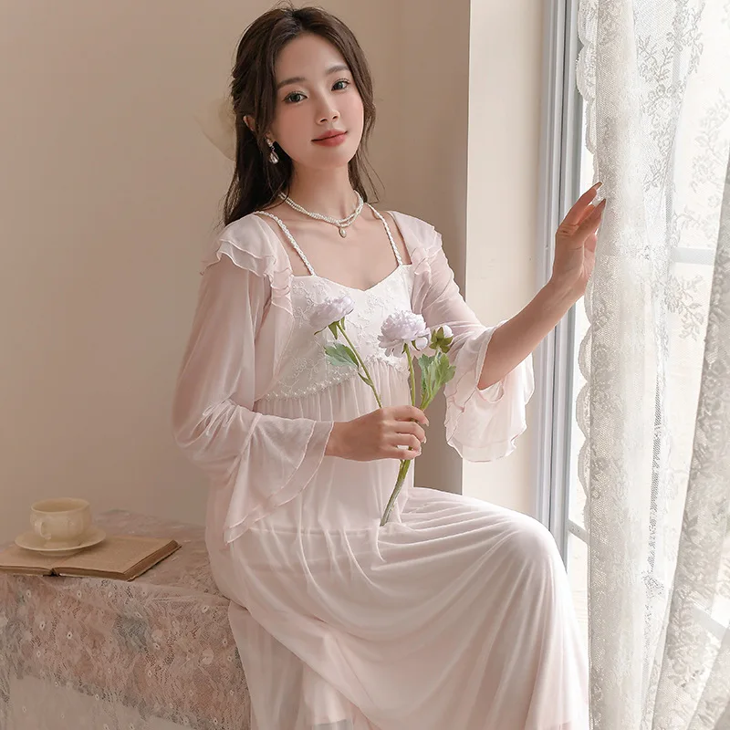 

2024 Women French Sexy Off-Shoulder Lace Nightdress Spring Gauze Full Sleeves Modal Nightie Princess Long Mid-Calf Nightgowns