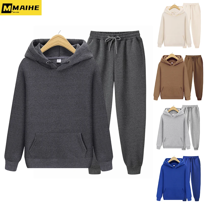 

Men's Tracksuit Jogger Sportswear Casual Sweatershirts Sweatpants Streetwear Pullover Solid Color Fleece Sports Suit Men Sets