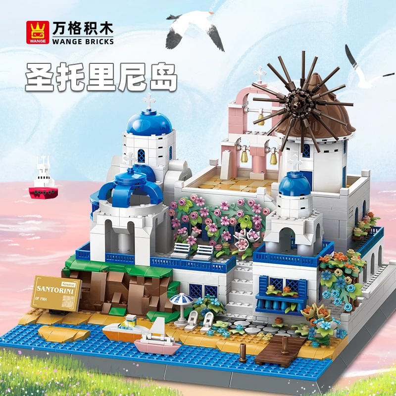 산토리니 피라 타운 MOC 조립 키트, 1372개 DIY 건축 세트(전시 및 수집용)