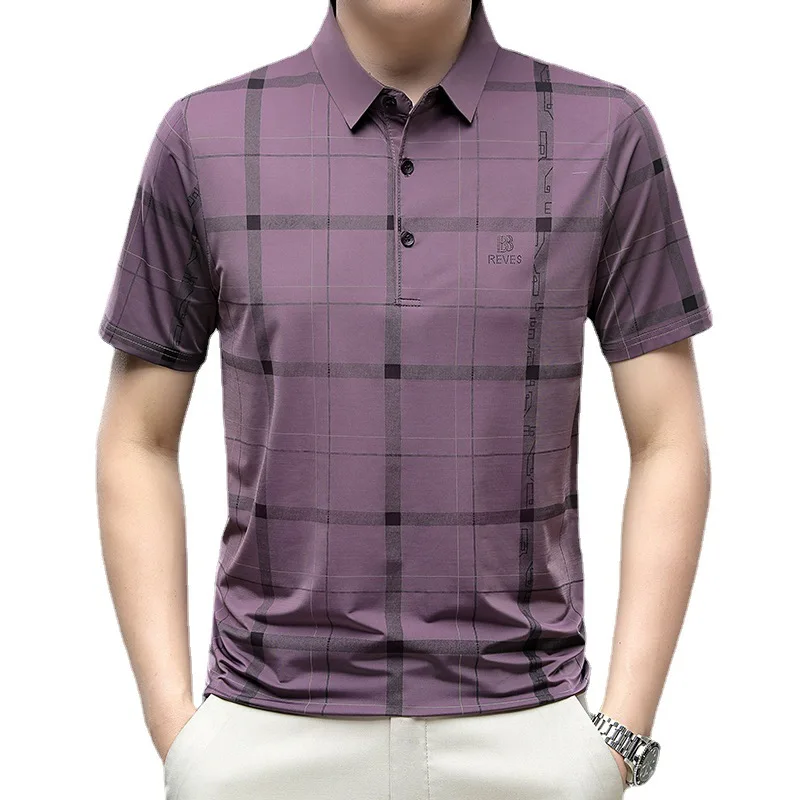 

2023 NEW Men's Short-sleeved Offset Printed Ice Silk T-shirt Summer New Loose Elastic Tee Polo Shirt