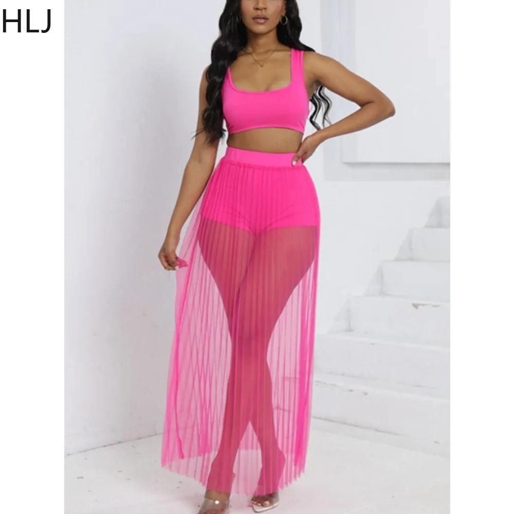 HLJ Fashion Solid Mesh Pleated Skirts Two Piece Sets Women Strap Sleevless Vest And A-line Skirts Outfits Summer Beach Clothing