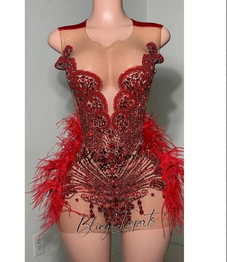 Black Sexy Feather Cocktail Dress For Black Girls Glitter Beaded Applique Birthday Formal Occasion Dress Gowns