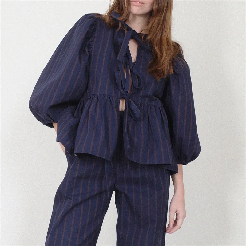 Camisas Y2K para mujer, ropa estética, elegante, color sólido/rayas, manga 3/4, cárdigan con lazo, blusa de los años 2000, ropa de calle