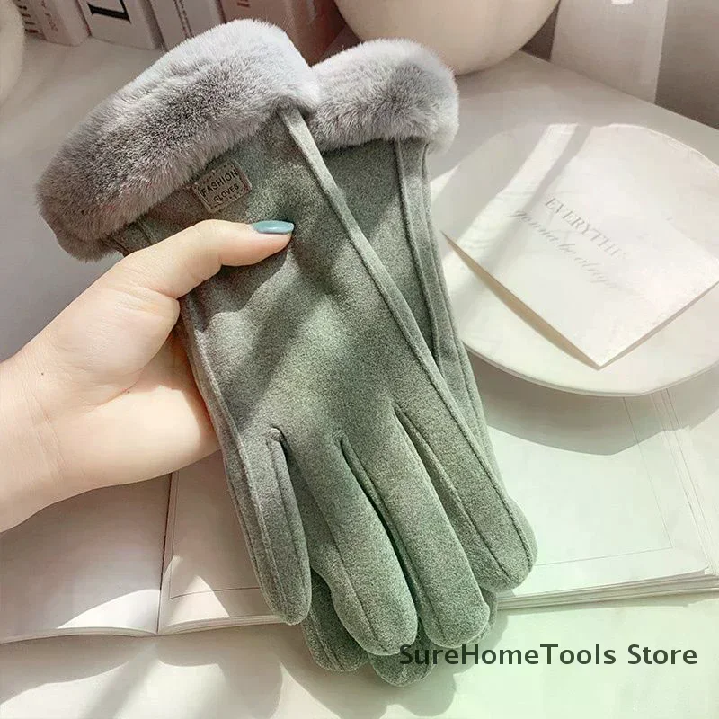 Autumn Winter Warm Suede Gloves Plus Velvet Thickened Plush Decor Cuff Gloves Outdoor Coldproof Touchscreen Riding Ski Gloves