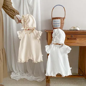 Summer Baby Girls Romper Cute Sweet Ruffle Sleeve Jumpsuit with Hat Baby Clothes 0-24 Months 1