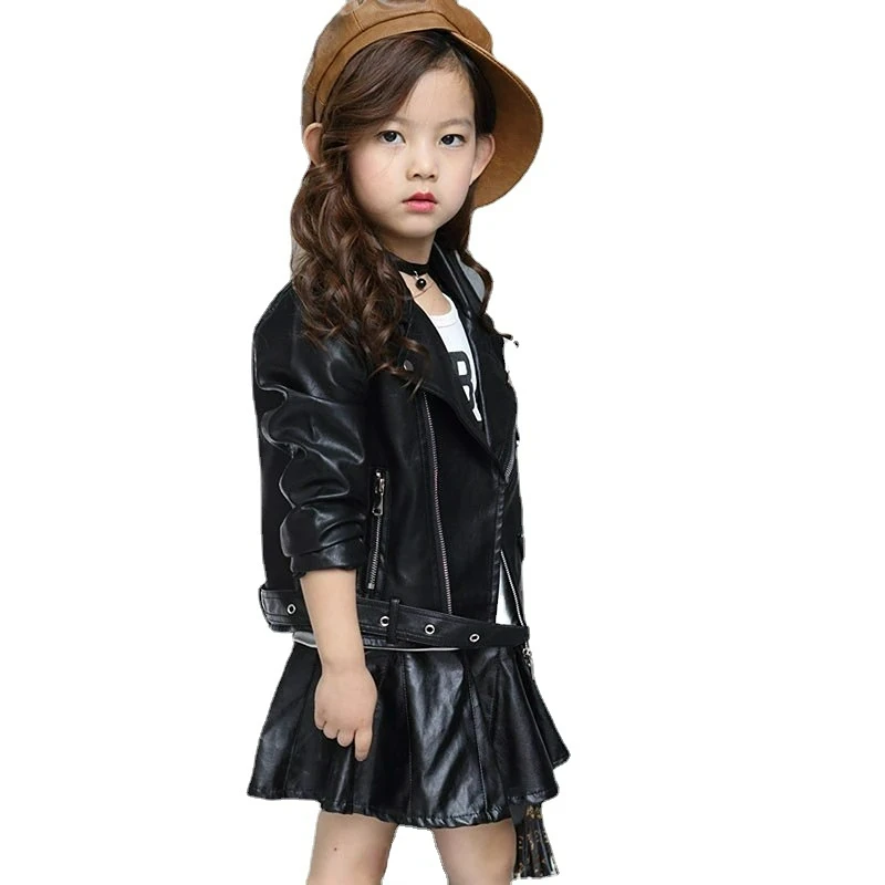 

Girls Fashion PU Leather Motorcycle Jacket Children's Outerwear Kids Spring Fall Solid Faux Leather Zipper Slim Moto Biker Coats