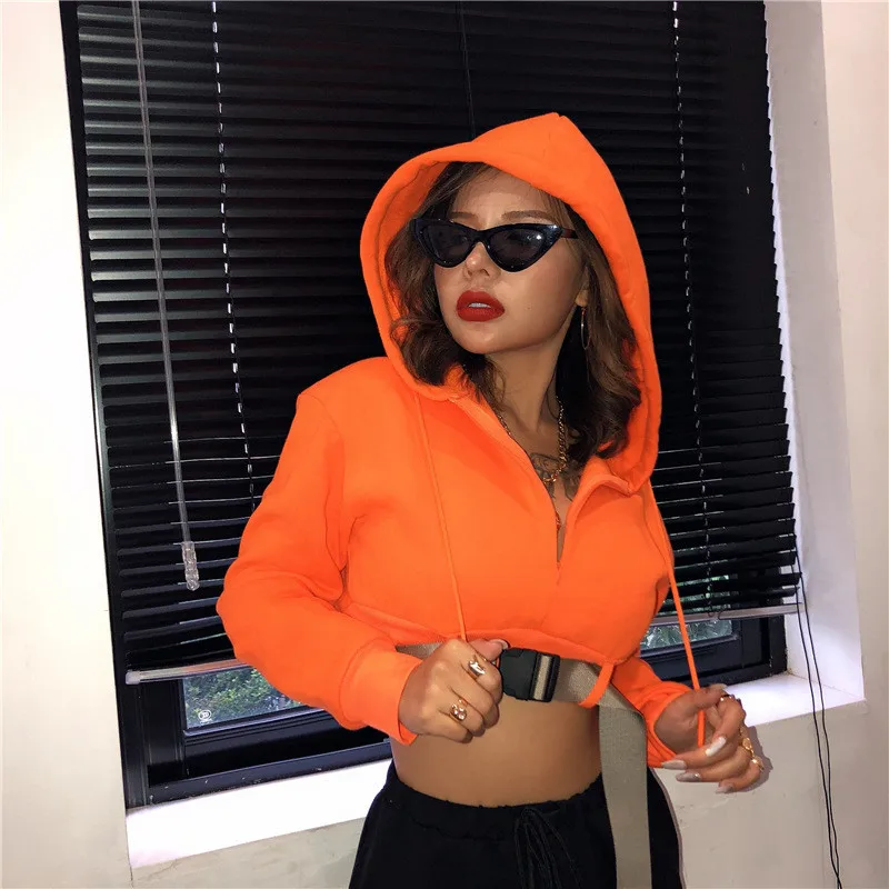 2022 Winter Streetwear Long Sleeve Y2k Top Hooded Hoodies Women Fashion Buckle Cropped Pullovers Tops Neon Orange Thick Hoodies
