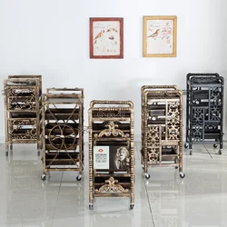 Stylish Retro Salon Trolley Carved Design Multilayer Tool Storage Universal Wheels Salon Mobility Elegant Organizer