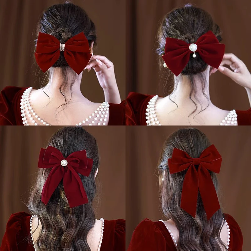 

Korean Velvet Bow Hair Pins Fabric Rhinestone Tassel Hair Clips For Women Luxulry Jewelry Spring Clip Girls Hair Accessories