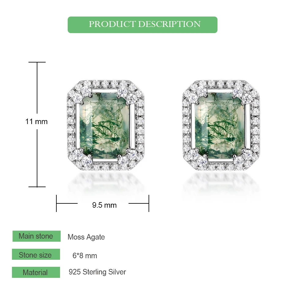 WES 925 Sterling Silver Geometric Natural 6*8mm Moss Agate Open Rings for Women Rhodium Plated Luxury Certified Jewelry Gifts