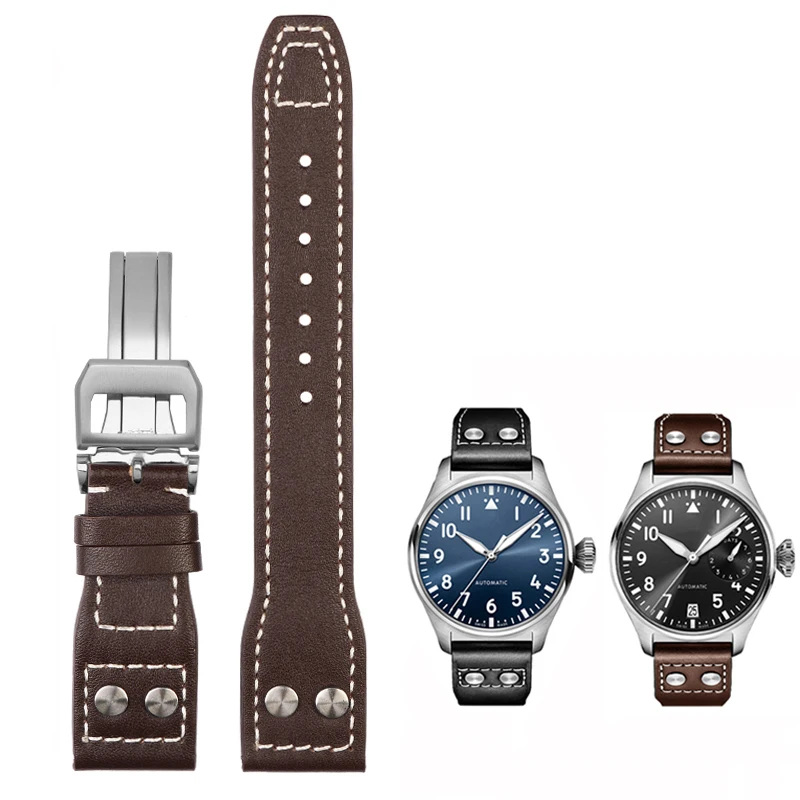 

For IWC Genuine Leather Watch Band Big Pilot Flamethrower Little Prince Mark 18 Strap Willow Nail Bracelet 21mm 22mm Blue Brown