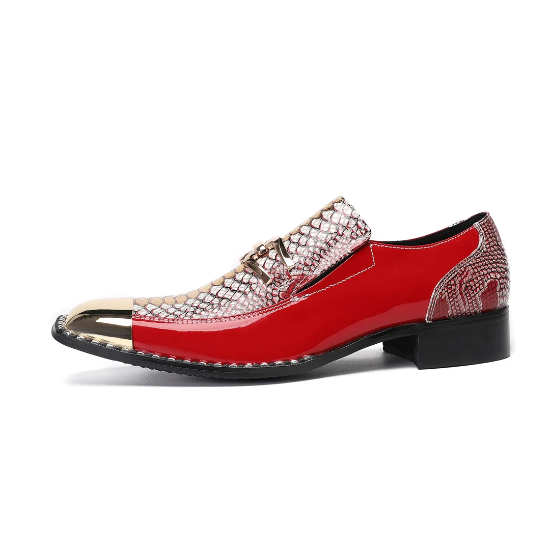 Men's Le Fu shoes snake skin men's real leather shoes printed square head metal buckle wedding business dress