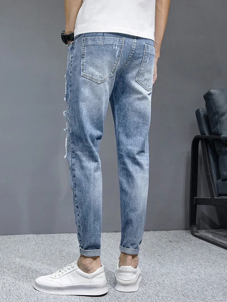 New Ripped Jeans Men's Streetwear Fashion Korean Youth Slim Little Feet Denim Trousers Stretch Cotton Ankle Length Pants Male