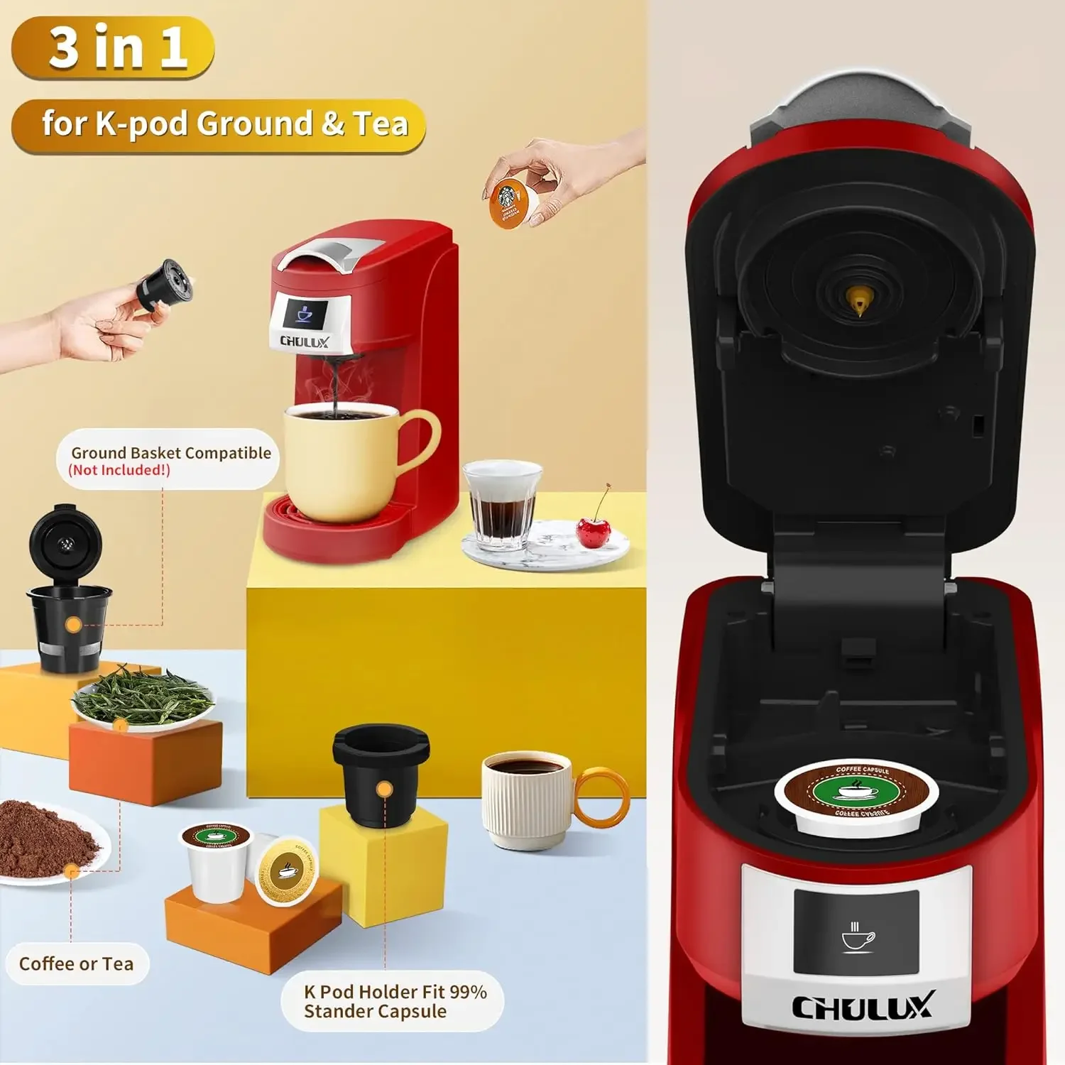 NEW Single Serve Coffee Maker, Red Single Cup Coffee Machine for K Cup & Ground Coffee, 5 to 12oz Brew Sizes in Mins for Home 3