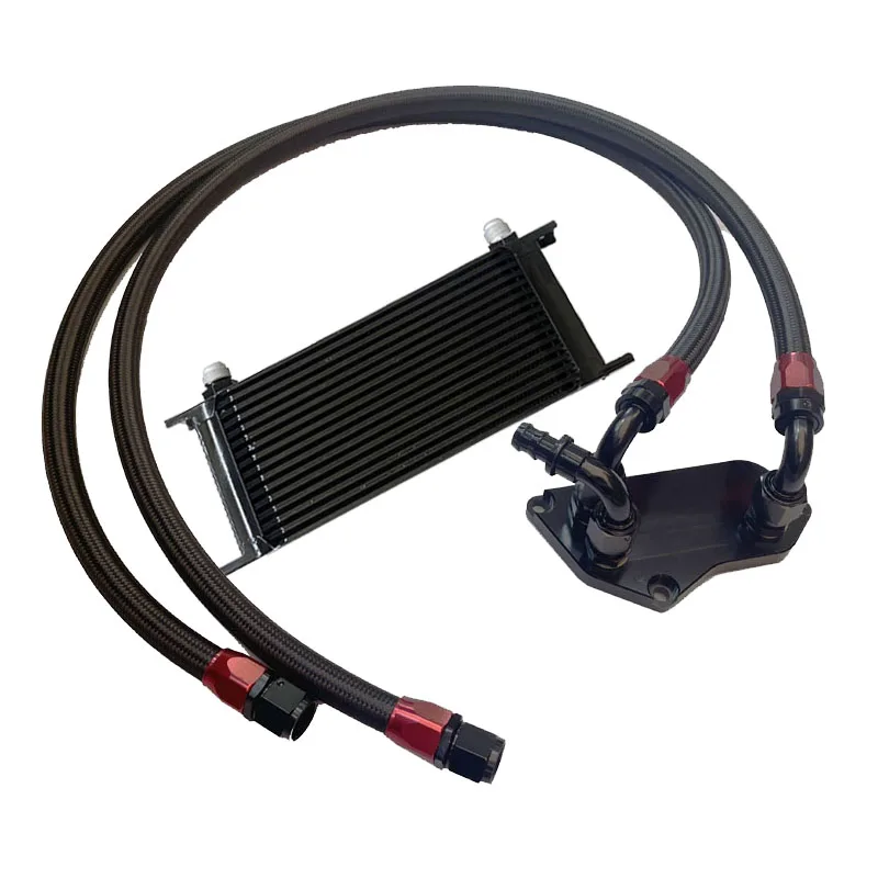 Universal Oil Cooler Kit 13-25 Rows Oil Filter Sandwich Adapter + Nylon Stainless Steel Braided An10 Hose