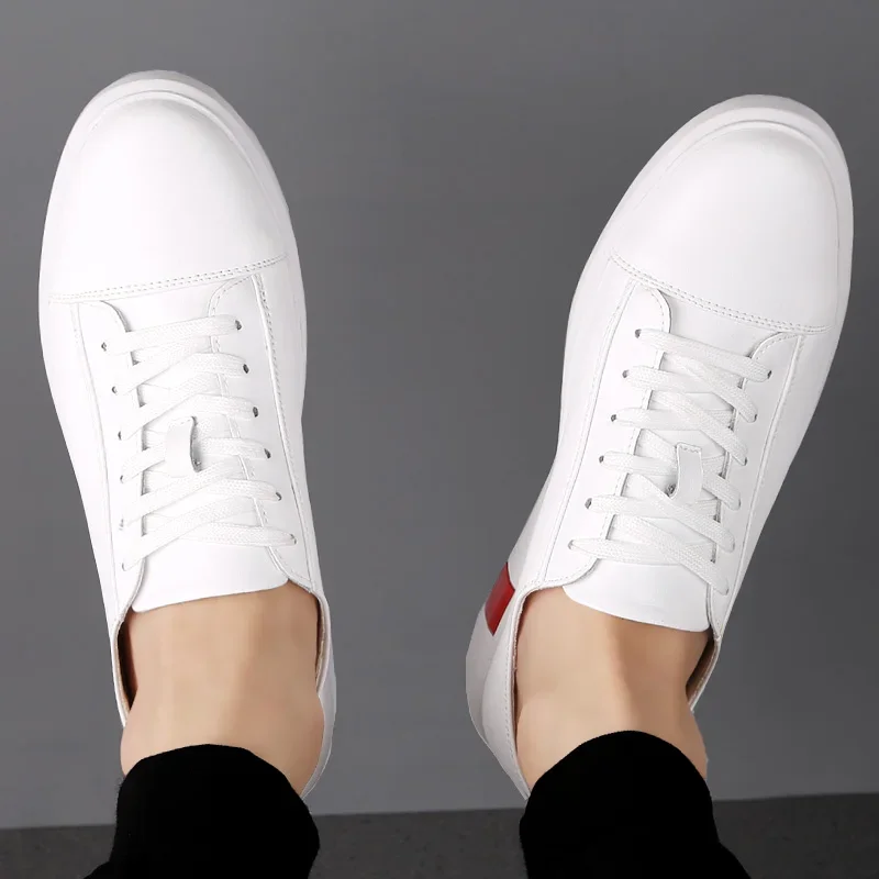 New Fashion Men Genuine Leather Casual Shoes Lightweight Breathable Flats Shoes Luxury Brand Men's White Walking Sneakers 4