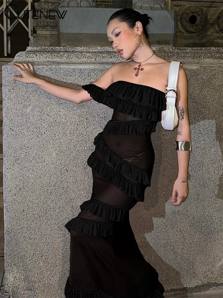 

Cutenew Women's Elegant Solid Mesh Maxi Dress Sexy Lady Long Dresses Girls Sleeveless Robe Tops Partywear Ruched Streetwear New